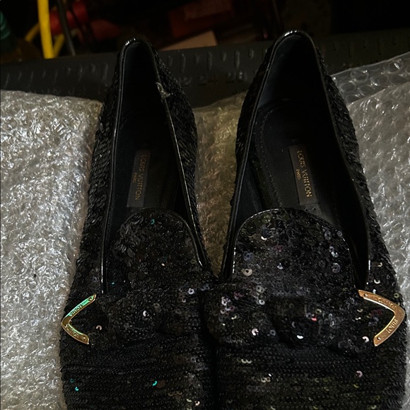 Louis Vuitton Shoes - Louis Vuitton Black Sequin Loafers with Gold-Tone Accents